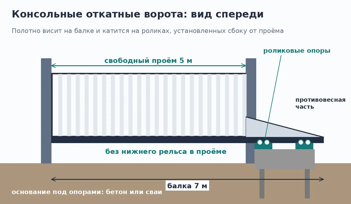 Схема консольных откатных ворот: проём, балка, роликовые опоры и противовесная часть