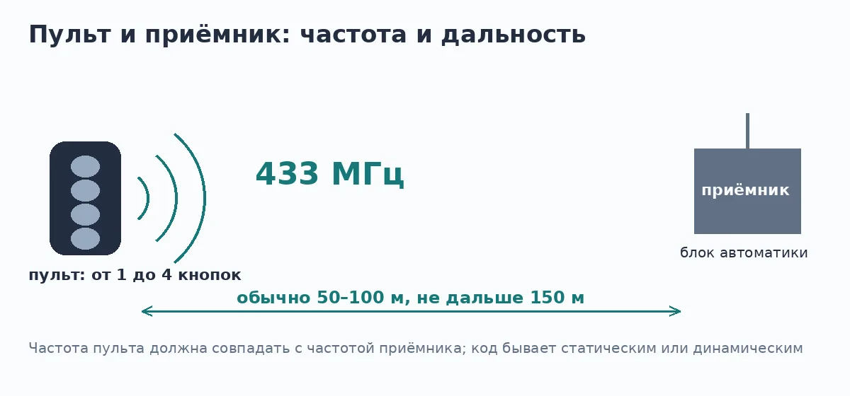 Схема: пульт передаёт сигнал 433 МГц приёмнику автоматики ворот