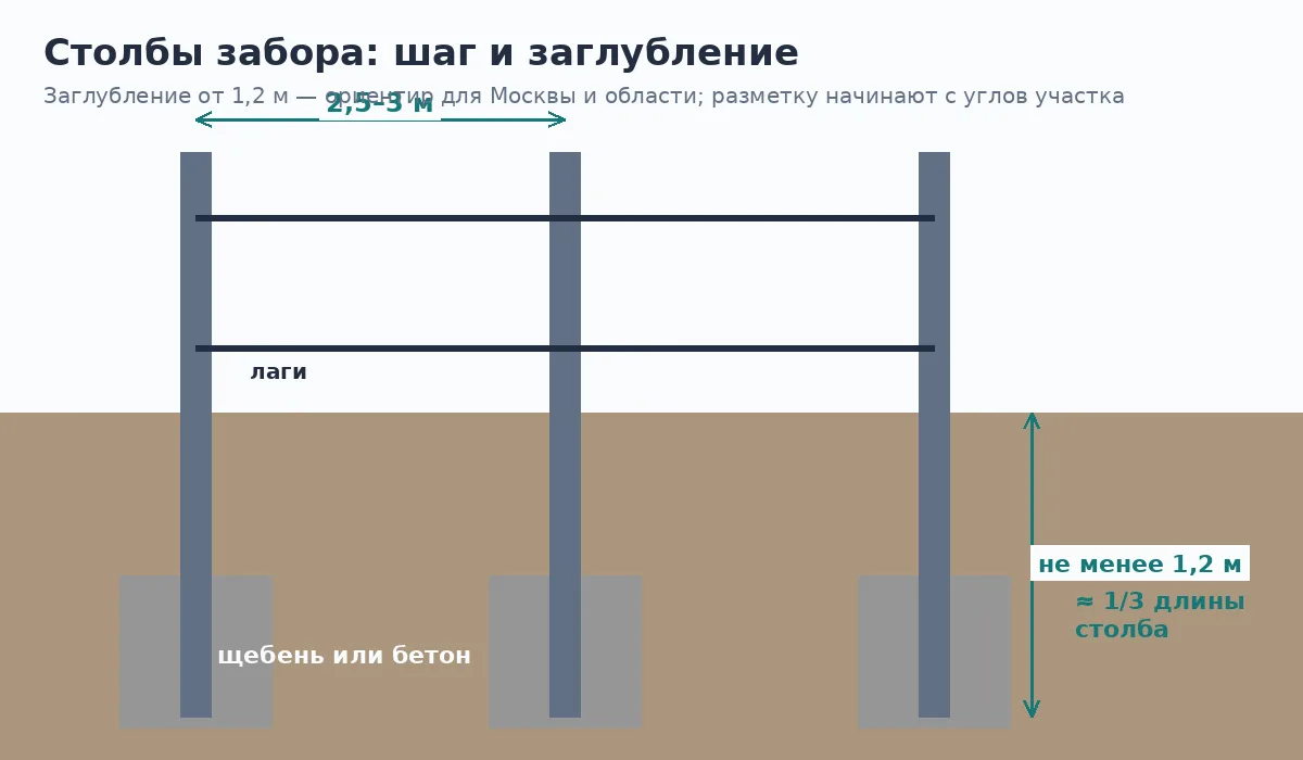 Схема: шаг столбов забора и глубина заглубления