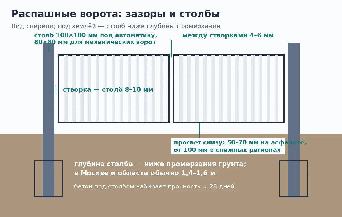 Схема распашных ворот: сечение столбов, зазоры между створками и у столба, просвет снизу, глубина столба