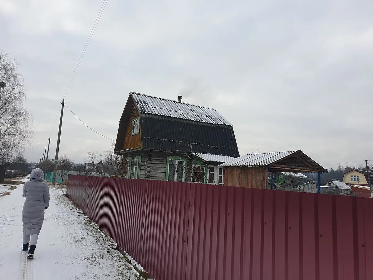 Окрашенный забор из профнастила вдоль дачной улицы